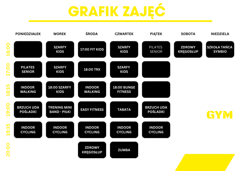 Aktualny grafik zajęć fitness FITNESKA TBG GYM – zajęcia Pilates Senior, Indoor Walking, Indoor Cycling, Zumba, Bunge Fitness, TRX i zajęcia grupowe